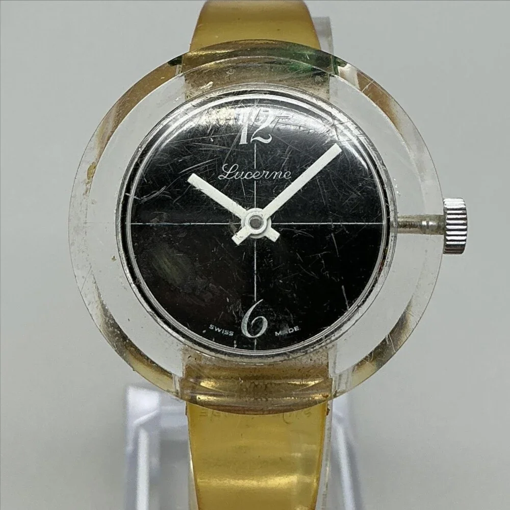 Vintage Lucerne Mens Watch 36mm Black Dial Clear Case Silicone Strap Manual Wind
